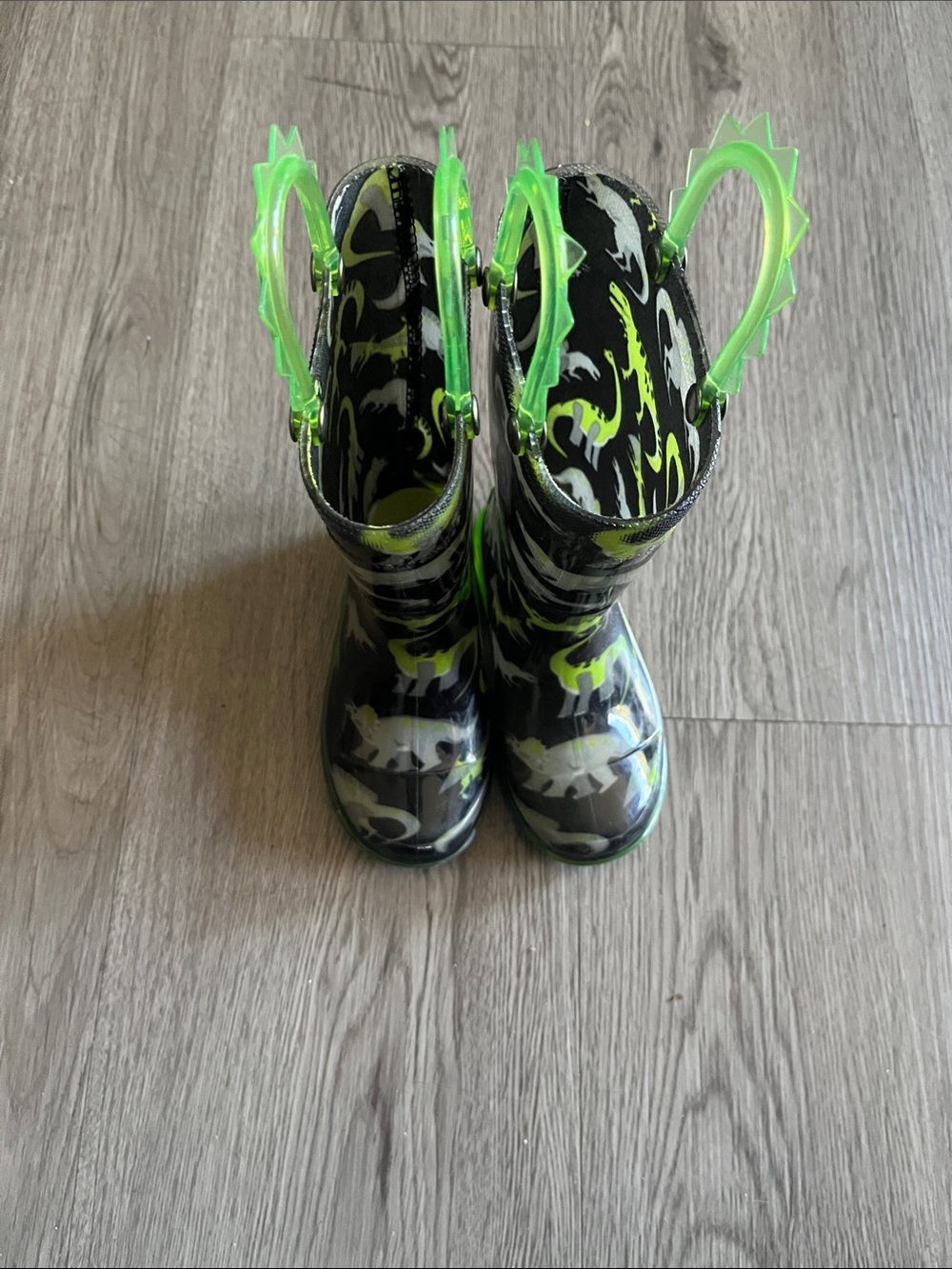 Western Chief Kids Black & Neon Green Dino Rain Boots and lights up